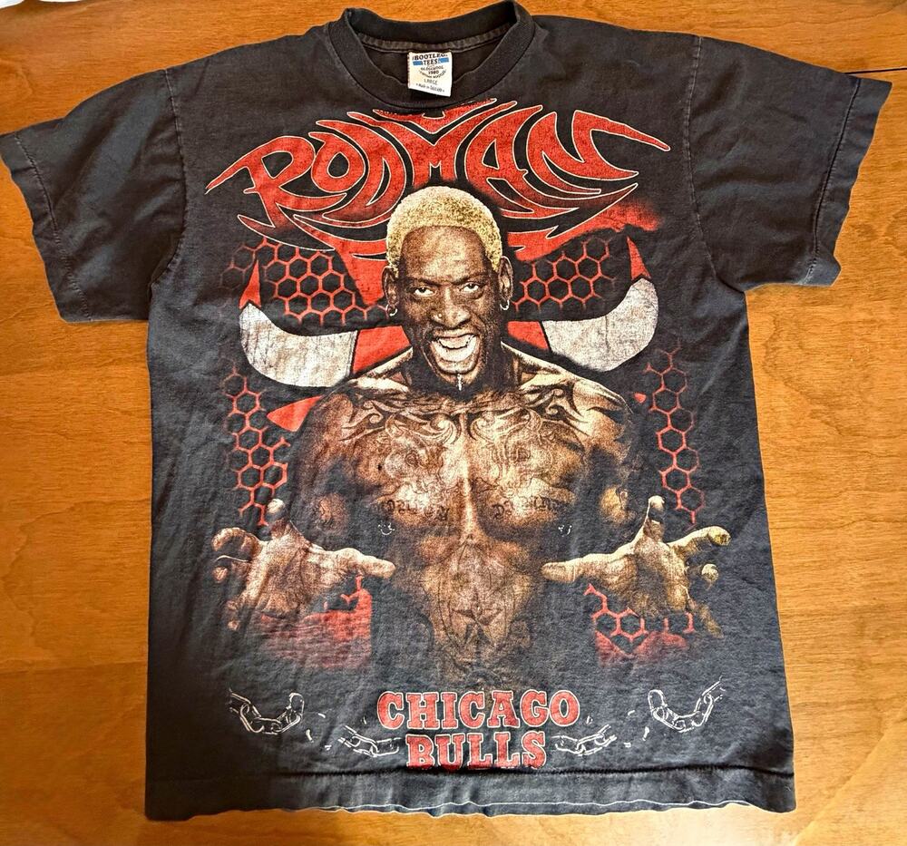 Vintage Bootleg T-shirt Dennis Rodman Chicago Bulls, 2-Sided Black/Red L